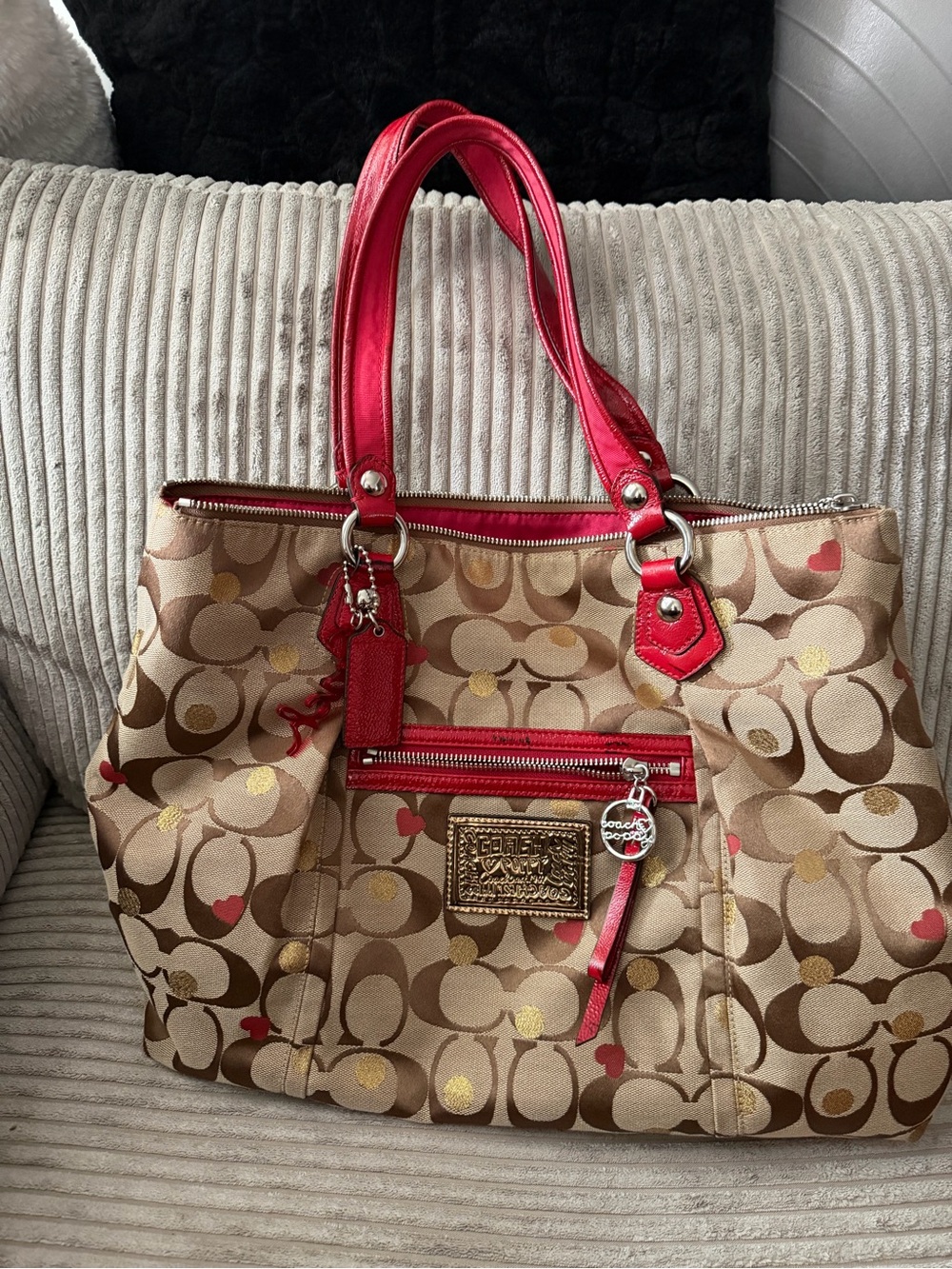 Coach Beige Signature Tote with Red Leather Accents